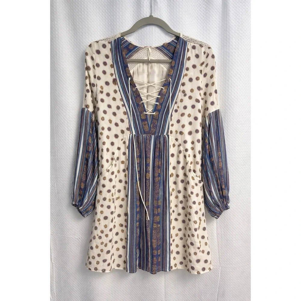 Free People Rain Or Shine‎ Lace Up Boho Babydoll Mini Dress Small  Tunic